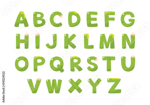 Cute spooky green zombie alphabet fonts for the Halloween holiday. Cute cartoon green alphabet. Letters and numbers. Vector illustration.