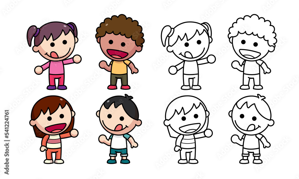 Cartoon boy and girl with different expressions. Vector set of kids. Cute cartoons and characters are designed with a black-and-white outline. Cartoon boy and girl with different expressions. Vector set of kids. Cute cartoons and characters are designed with a black-and-white outline.
