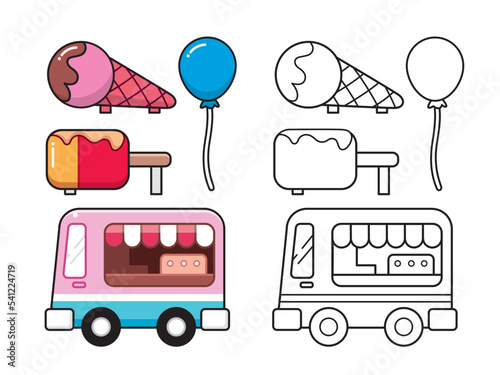 Ice cream truck icon set. Outline, colored and black version. Cute cartoons and characters are designed with a black-and-white outline.
