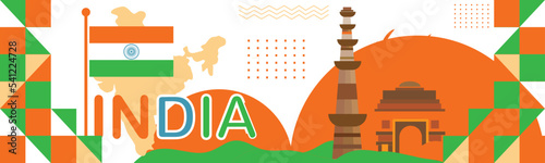 India national day banner with map, flag colors theme background and geometric abstract retro modern orange white green design. Indian independence day theme 1.eps