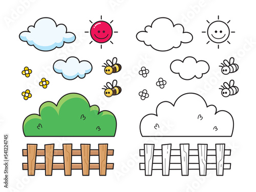 Cute cartoon and characters design including clouds, sun, flowers, bush bee, and wood fence with black and white outline. Set of vector illustrations.