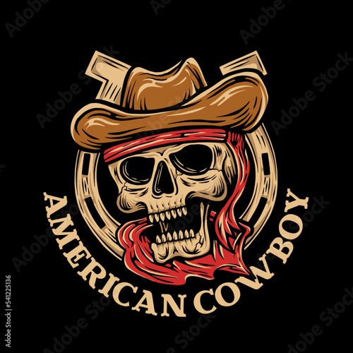 american cowboy skull. horseshoes emblem logo. t shirt hand drawing retro vintage vector illustration