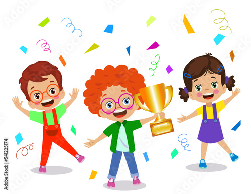 cute happy boy holding golden trophy