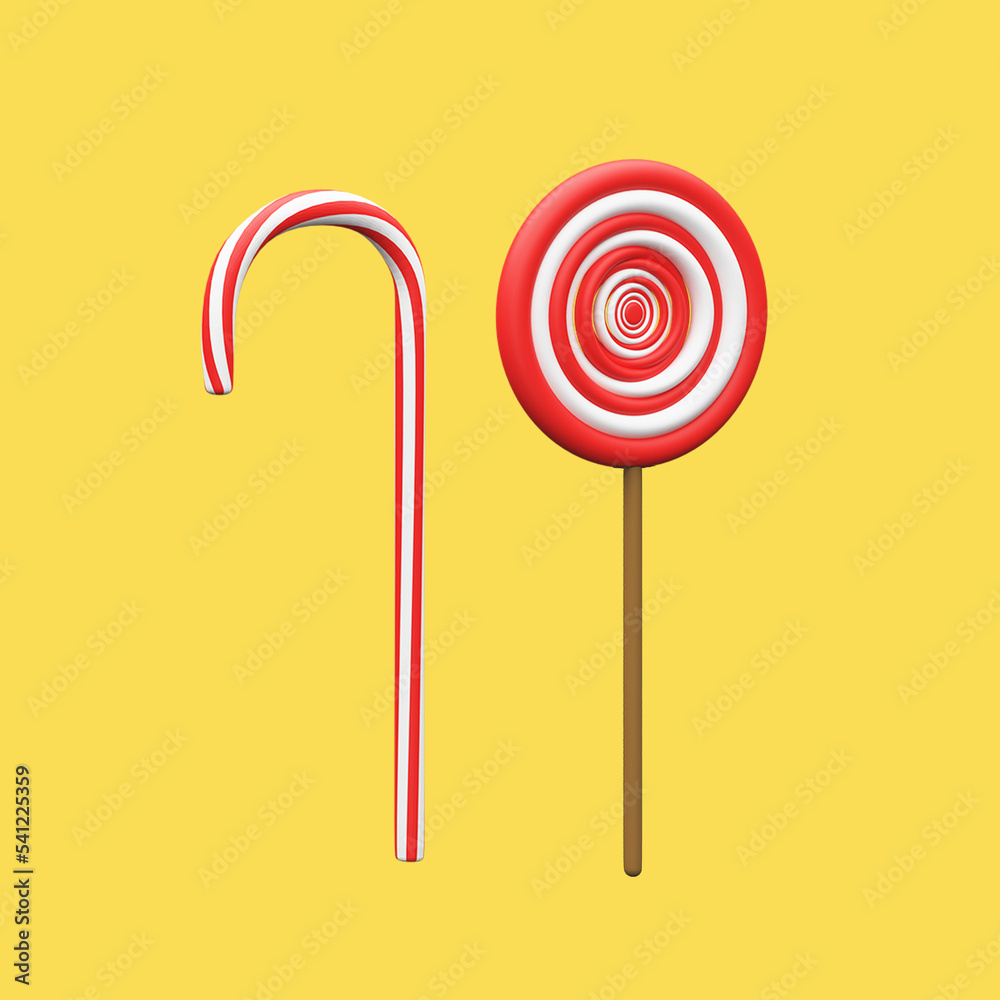 Red And White Candy Cane With Lollypop On Yellow Background. Red And White Candy Cane With Lollypop On Yellow Background.