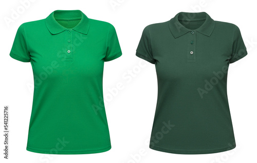 Woman green polo shirt isolated on white. Mockup female polo t-shirt front view with short sleeve