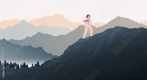 Morning mountains, Concept of successive steps to goal achievement. Climbing concept. Illustration for freedom and travel concept. Woman climbing up mountains or cliffs and moving to final destination