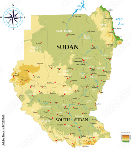Sudan and South Sudan highly detailed physical map