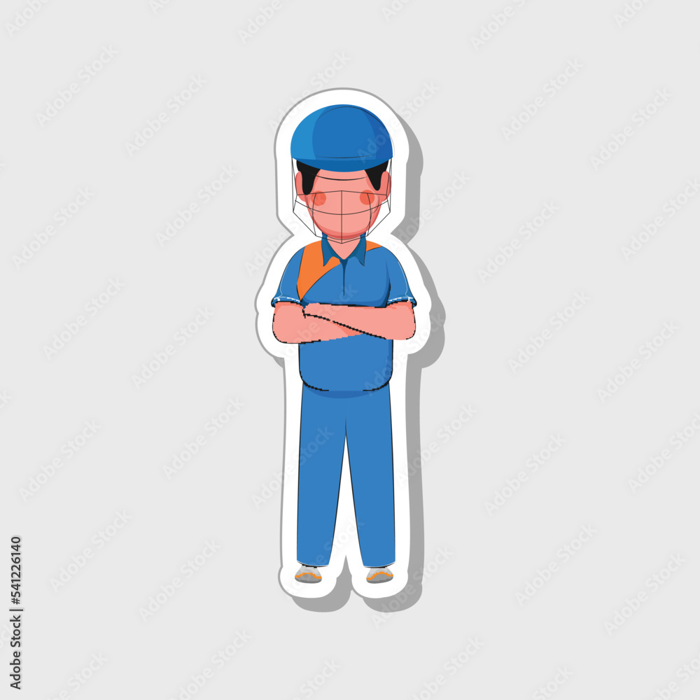 Illustration Of Cricket Helmet Wearing Male Player Standing Sticker Or Icon Over Grey Background.