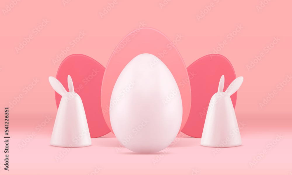 3d Easter rabbit eggs pink greeting composition decor element holiday celebration realistic vector