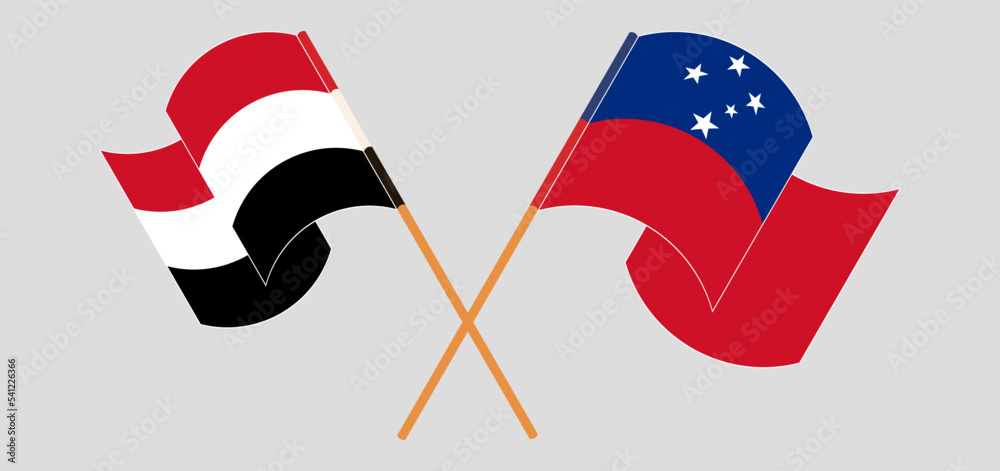 Crossed and waving flags of Yemen and Samoa