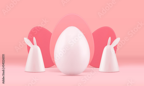 3d Easter rabbit eggs pink greeting composition decor element holiday celebration realistic vector