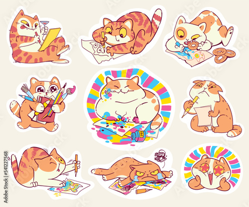Funny cat artists. Colorful cartoon characters. Cute vector illustration. Childrens comic book style sticker set. Isolated on white background