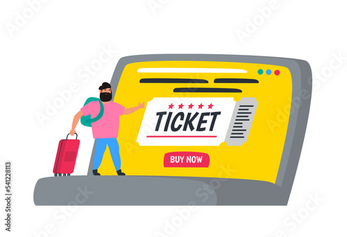 man traveller with baggage buy ticket online using laptop internet website vector illustration