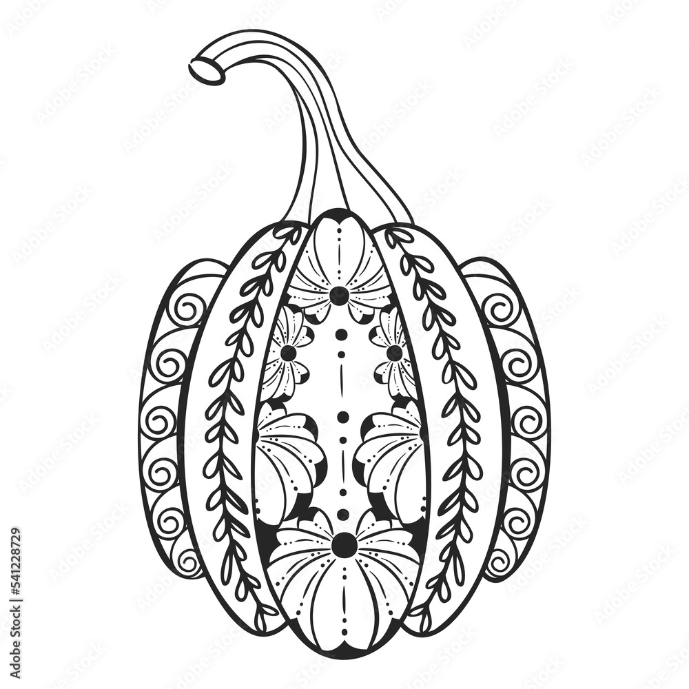 Pumpkin mandala. Coloring page for adults and kids. Vector illustration