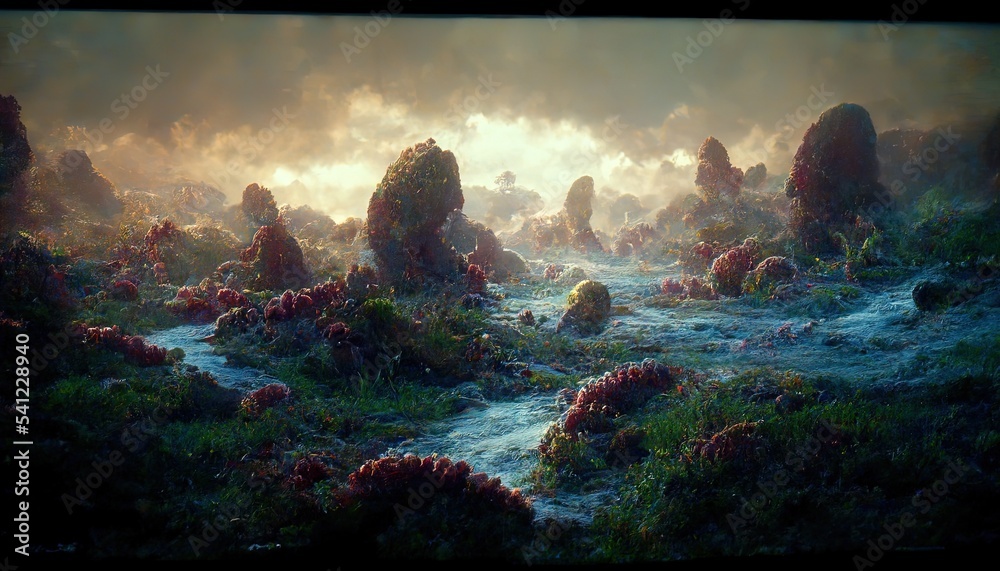 Fantastic alien planet landscape.  Illustration Futuristic sci-fi landscape. Ai generated.