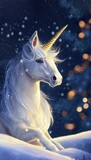 Beautiful unicorn in the snow with glowing lights in the background. Christmas concept.