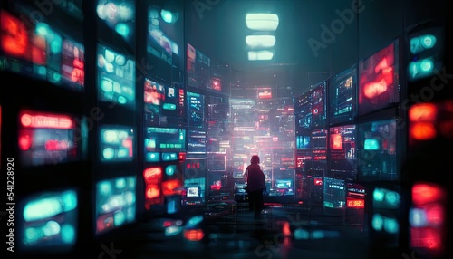 Сoncept of virtual environment and cyberspace set of glowing screens and network equipment workplace of hacker or programmer blurred background in cyberpunk style. Ai generated.