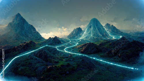 Fantastic alien planet landscape with blue energy flow.  Illustration Futuristic sci-fi landscape. Ai generated.