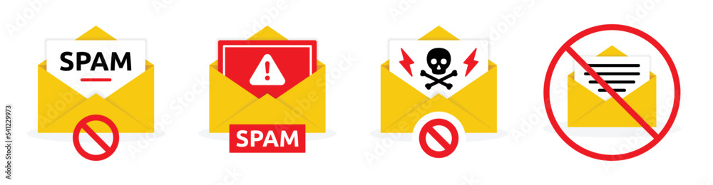 Spamming mailbox icon set. Email hacking and spam warning symbol collection. Vector Illustration. - obrazy, fototapety, plakaty 