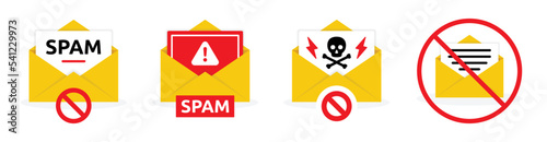 Spamming mailbox icon set. Email hacking and spam warning symbol collection. Vector Illustration. photo