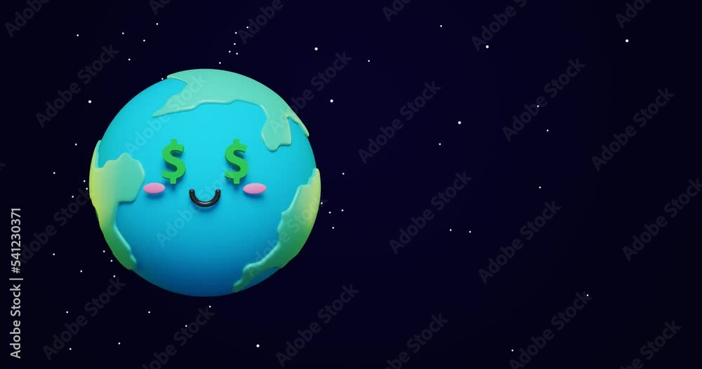 Loop animation of 3d adorable cartoon earth emoji, green planet with dollar eyes and happy mood in space with copy Space background as concept for love and peace. 3d render animation Loop animation of 3d adorable cartoon earth emoji, green planet with dollar eyes and happy mood in space with copy Space background as concept for love and peace. 3d render animation