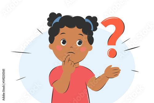 Little girl with question mark. Knowledge and education concept. Vector illustration