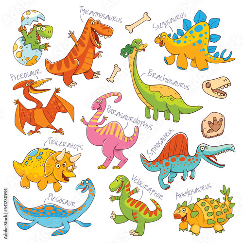 Funny dinosaurs drawn in comic style. Colorful cartoon characters. Vector illustration. Isolated on white background