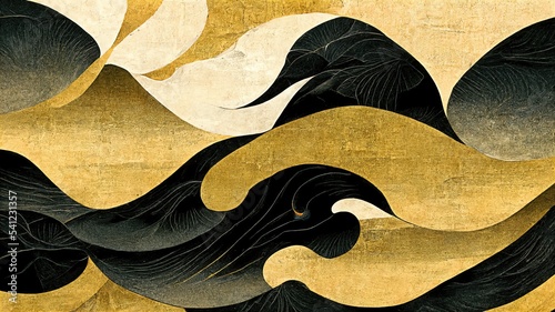 Contemporary artistic Japanese style ukiyoe with black mountain curves on a gold background, folding screen atmosphere, abstract, elegant, delicate, luxurious, retro dramatic graphic design elements.