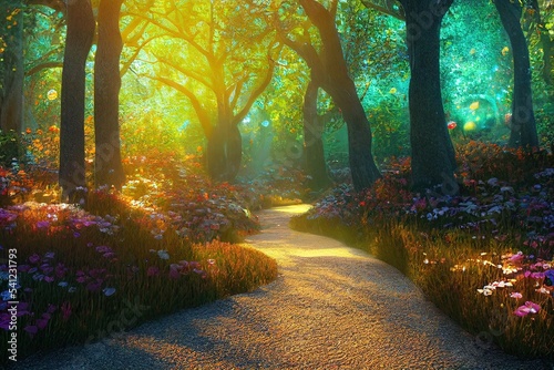 A carefully manicured glowing crystal mosaic path through an elvish forest  cozy and delightful colors  autumn features  flowers and butterflies  bubbles and bees  god rays  natural lighting
