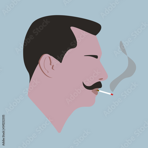 Silhouette. Stylish guy with mustache. Male head with mustache. Avatar. Man head silhouette. Man Flat illustration. Guy avatar. Smoking guy.