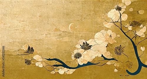 Retro dramatic graphic design elements with dynamic depictions of flowers and branches, Japanese-style ukiyo-e, folding screen atmosphere, abstract, elegant, delicate, luxurious and retro.