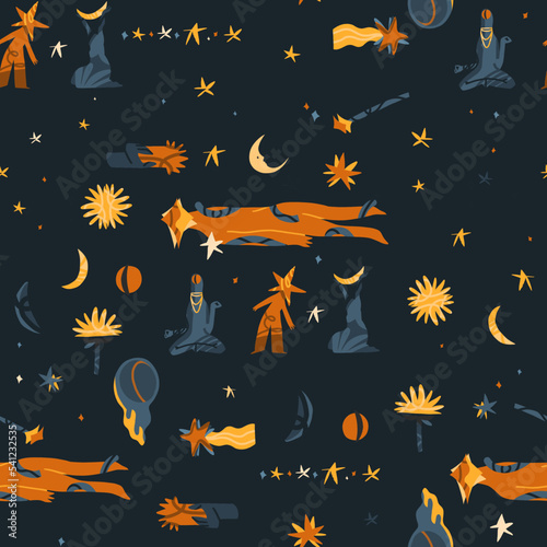 Magical cosmic illustration clipart seamless pattern with moon,star and cute alien characters.Cosmic abstract background.Cartoon style.Hand drawn contemporary art.Cosmos alien cute pattern background.