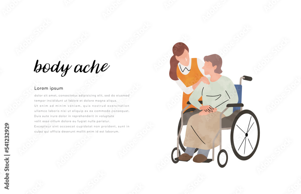 Fototapeta premium ベクターイラスト素材：車椅子に乗るシニア女性とスタッフの女性 