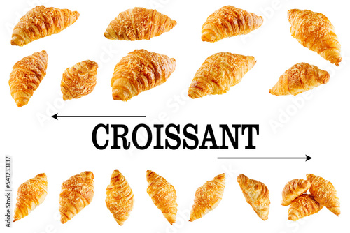 set of Fresh croissants with cheese isolated on white background. traditional hommade french pastries for breakfast photo