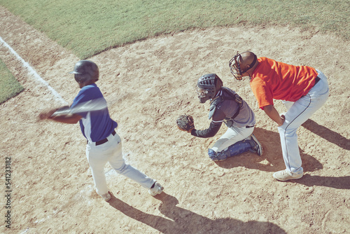 Canvas Print Baseball, pitch and sports game bat at training, exercise and workout on an outdoor field