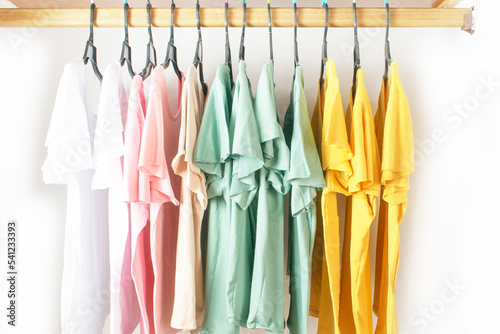 T-shirts in basic colors hung on hooks in the closet © Vernica