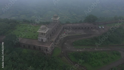 Drone view over the Mandav city ancient buildings and greenery photo