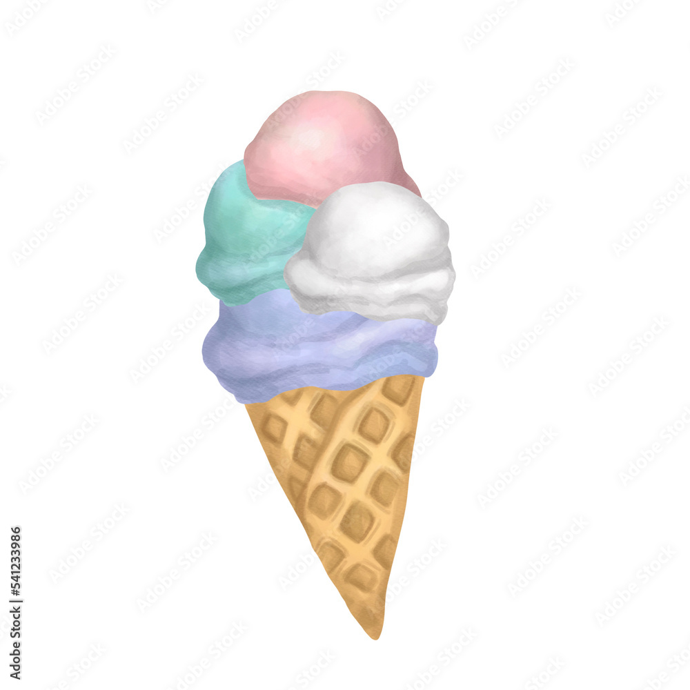 Waffle cone with four scoops of ice cream. Watercolor ice cream with pink, white, turquoise and blue scoops. Gelato. Cold sweets. Summer concept. Waffle cone with four scoops of ice cream. Watercolor ice cream with pink, white, turquoise and blue scoops. Gelato. Cold sweets. Summer concept.