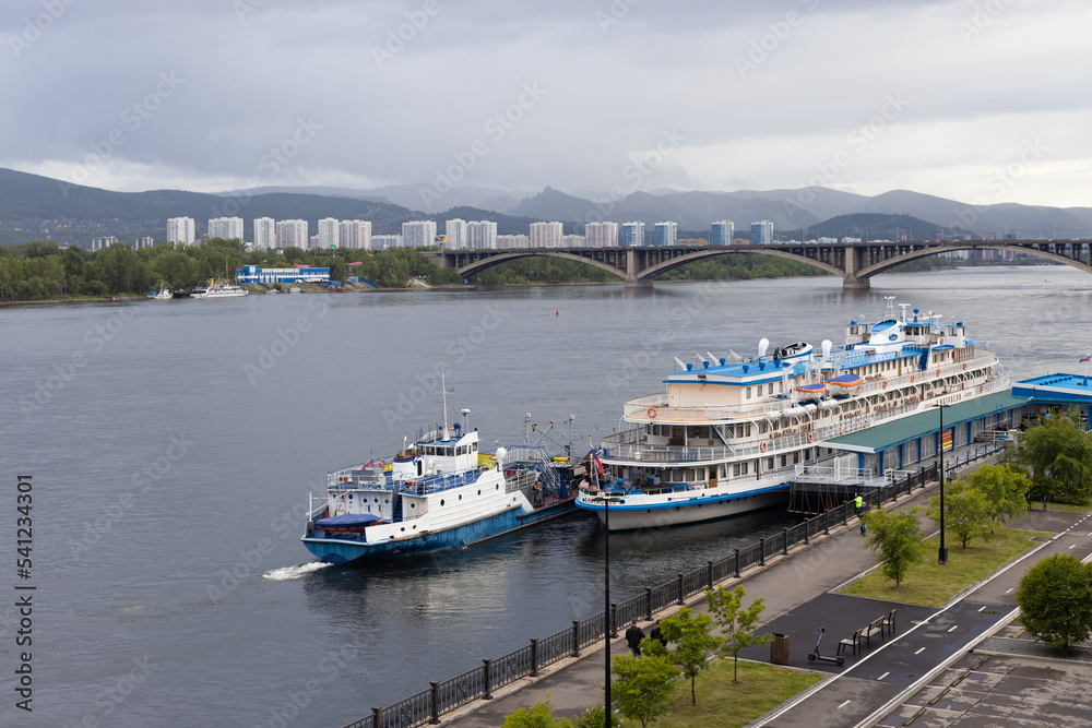 Krasnoyarsk, Russia - June 8, 2022: Tourist river ship 'Alexander Matrosov' in the port of Krasnoyarsk. Performs tourist river cruises along the Yenisei River