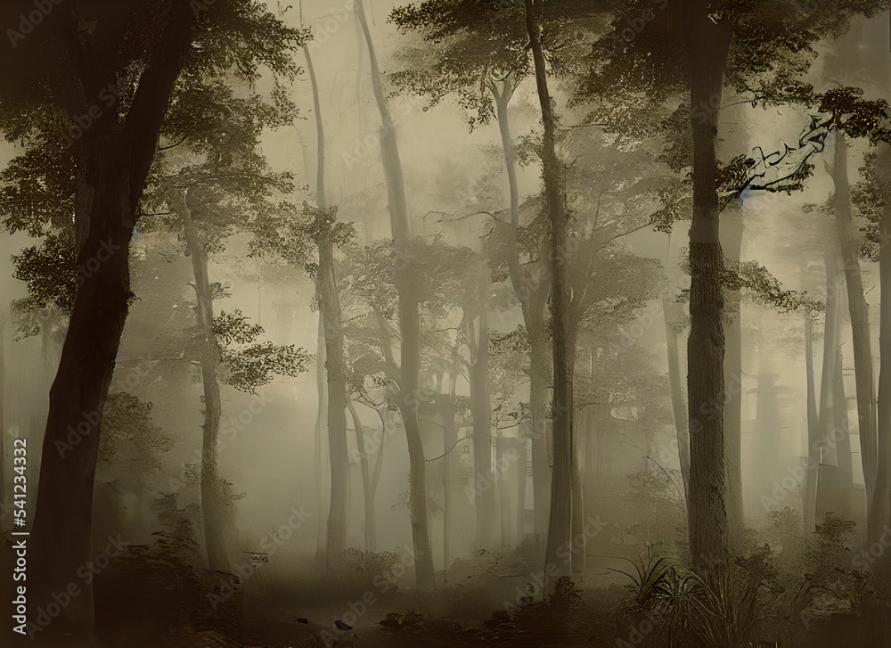 Obraz premium Foliage Landscape Morning Wood Tree Pine Autumn Sunrise Fog Misty Nature Light Sun Green Leaf Foggy Fall Branch Dark Woods Sunlight Forest Trees Mist Woodland