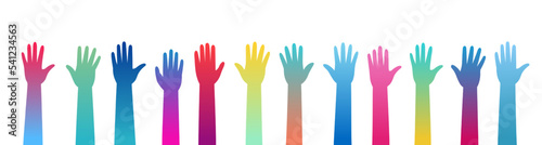 Set of hands raised up. Multicolor gradient hands raised up. Teamwork, collaboration, voting, volunteering. Vector illustration