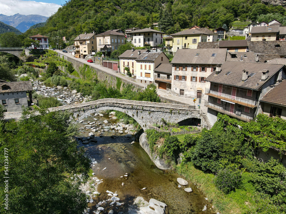 Drone view at the village of Giornico on Switzerland