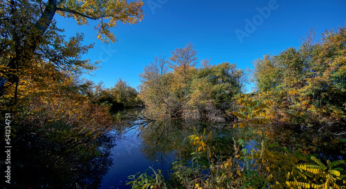River pond lake with mountain panorama