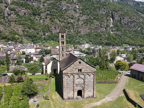 Drone view at the church of Saint Nicolao in Giornico on Switzerland photo