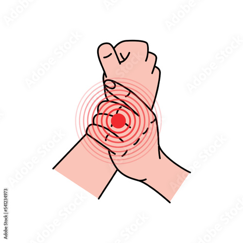 Human wrist pain. Pain and injury in the human wrist. Health problems in muscle strain and joints problems. Disease in joint, wrist, hand.