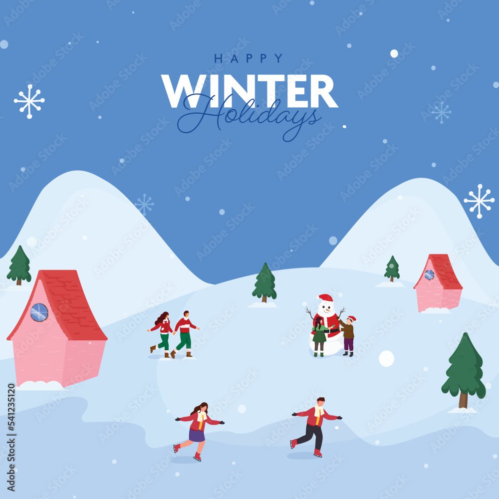 Happy Winter Holidays Poster Design With Xmas Tree, House And People Enjoying On Snowfall Blue Background.