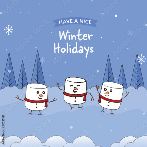 Winter Holidays Poster Design With Funny Marshmallows Dancing Against Blue Snowfall Tree Background.