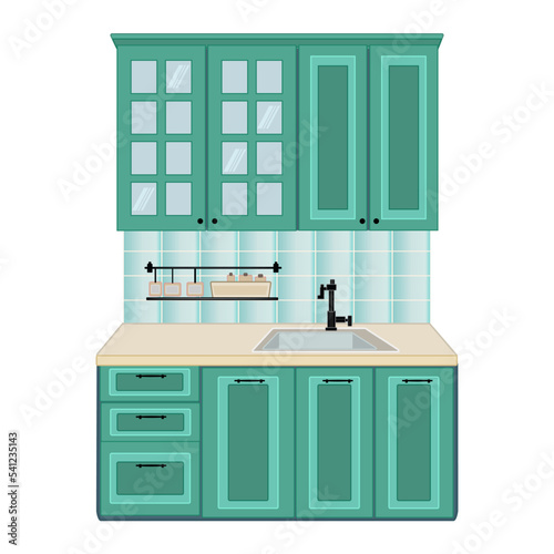 Kitchen with furniture, cupboard, sink and shelf isolated on white background. Modules for domestic room for designing. Working surface for cooking. Stock vector Illustration