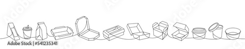 Takeaway cardboard boxes one line continuous drawing. Empty cardboard boxes, bags for takeaway food continuous one line illustration.
