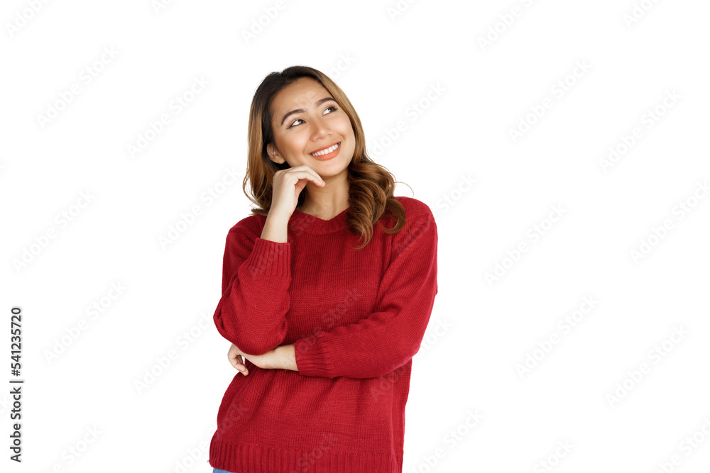 Excited confident asian happy woman in winter sweater red color isolated on white background. Excited confident asian happy woman in winter sweater red color isolated on white background.